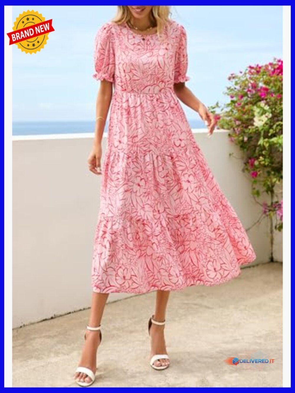 Casual Floral Boho Midi Sun Dress Puff Short Sleeve Flowy Beach Sundress - Picture 3 of 7